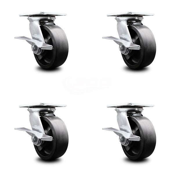6 Inch Heavy Duty Glass Filled Nylon Caster Set with Ball Bearings and Brakes
